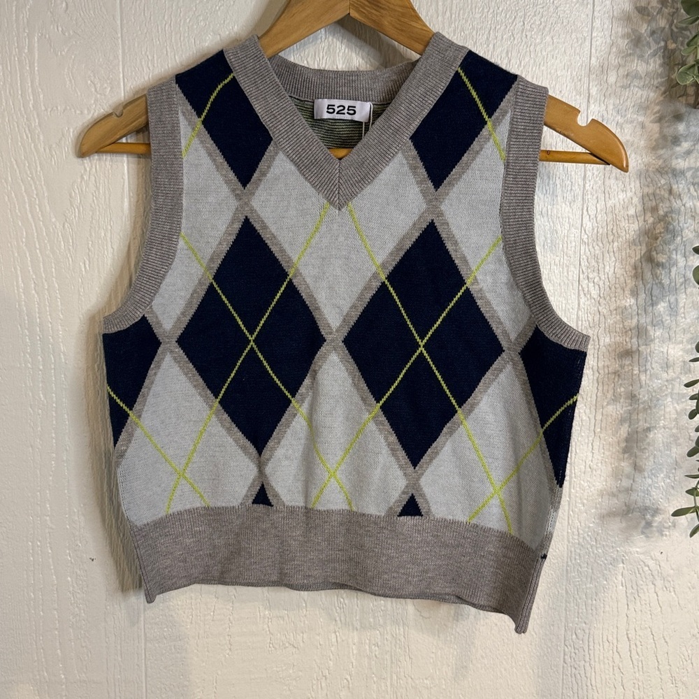 ESTELLE argyle high v-neck cropped vest NWOT grey mist heather multi - Picture 2 of 7